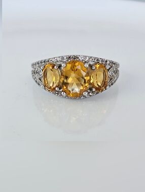 Genuine Natural Citrine & White Zircon Ring Sterling Silver Rhodium Size 10!